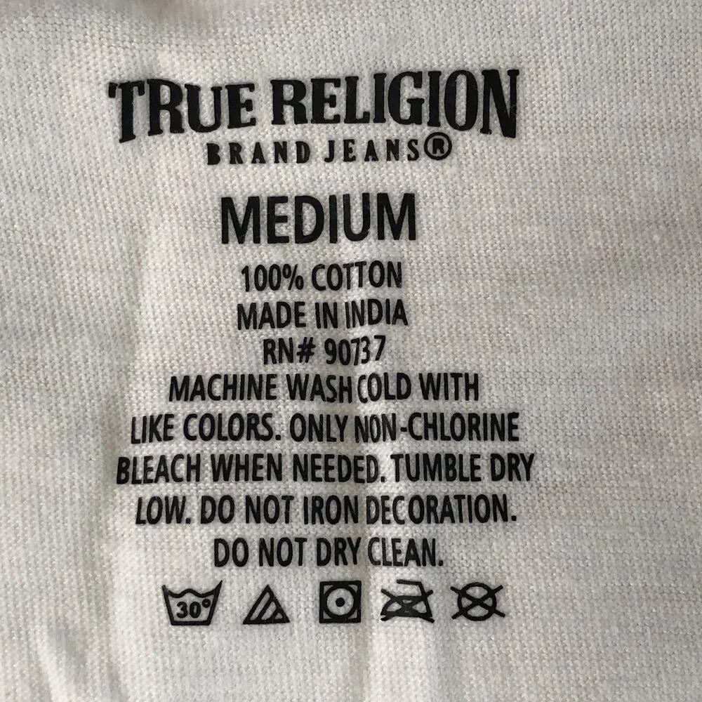 True Religion Brand Jeans T-shirt Silver Metallic Logo White V-neck Size Medium